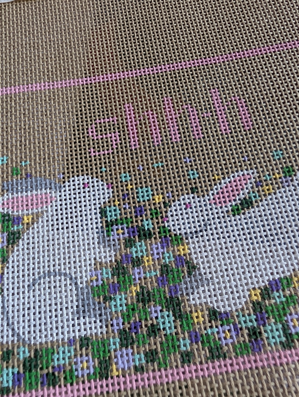 Handle Painted Bunny Needlepoint Canvas - Pink & White 11x12.5 Inches - Picture 3 of 3